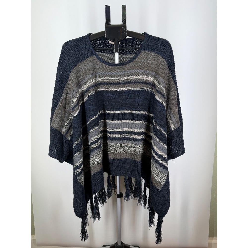 Hem & Thread Navy Blue Striped Fringe Knit Poncho Sweater Womens One Size